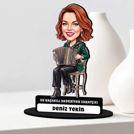 Akordiyon Sanatçısı Müzisyen Kadın Karikatürlü Biblo - Thumbnail