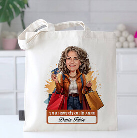  - Alışveriş Delisi Anne Karikatürlü Bez Çanta