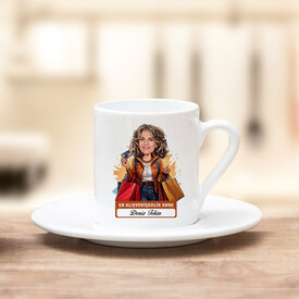 Alışveriş Delisi Anne Karikatürlü Kahve Fincanı - Thumbnail