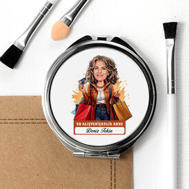 Alışveriş Delisi Anne Karikatürlü Makyaj Aynası - Thumbnail