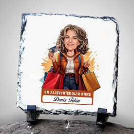  - Alışveriş Delisi Anne Karikatürlü Taş Baskı