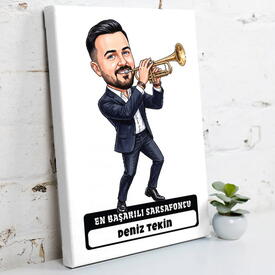  - Trompetçi Müzisyen Erkek Karikatürlü Kanvas Tablo