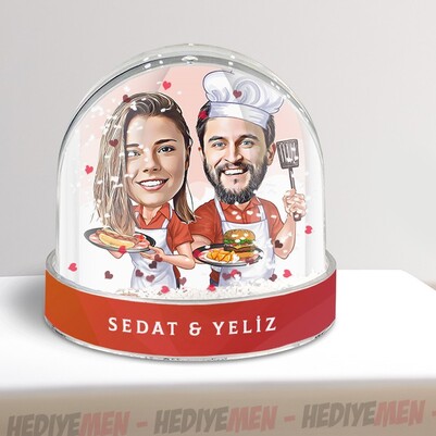 Aşçı Sevgililer Karikatürlü Kar Küresi - Thumbnail