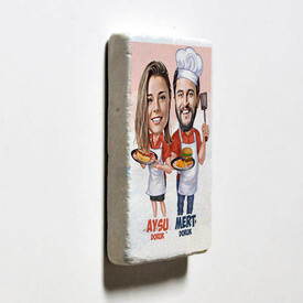 Aşçı Sevgililer Karikatürlü Taş Buzdolabı Magneti - Thumbnail