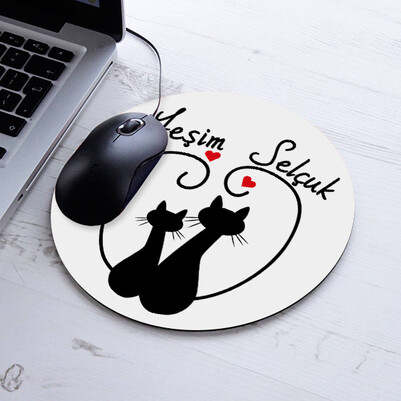 Aşık Kedicikler İsimli Yuvarlak Mousepad - Thumbnail