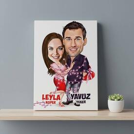 Aşk Sarhoşu Karikatürlü Kanvas ve Sevgili Cüzdanı - Thumbnail