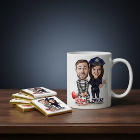  - Aşka Mahkumuz Karikatürlü Kupa ve Çikolata