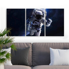 Astronot ve Uzay 3 Parçalı Kanvas Tablo - Thumbnail