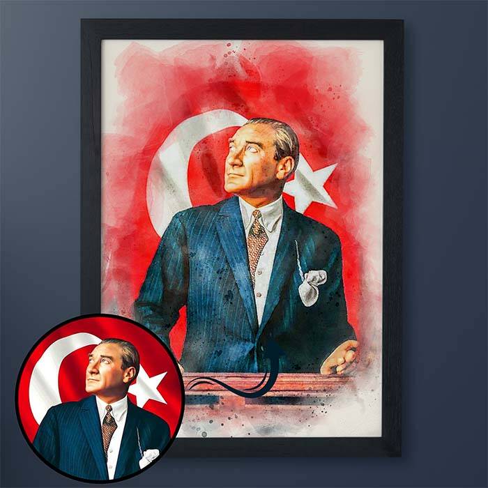 Atatürk ve Bayrak Sulu Boya A3 Çerçeve