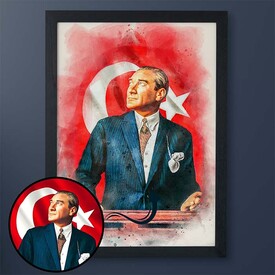 Atatürk ve Bayrak Sulu Boya A3 Çerçeve - Thumbnail