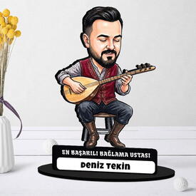 Bağlama Ustası Müzisyen Erkek Karikatürlü Biblo - Thumbnail
