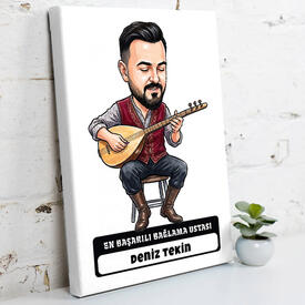  - Bağlama Ustası Müzisyen Erkek Karikatürlü Kanvas Tablo