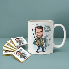  - Balık Tutan Adam Karikatürlü Kupa ve Çikolata