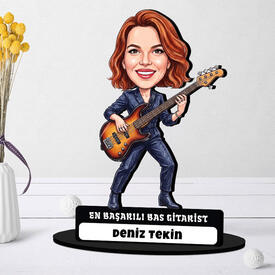 Bas Gitarist Müzisyen Kadın Karikatürlü Biblo - Thumbnail