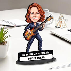 Bas Gitarist Müzisyen Kadın Karikatürlü Biblo - Thumbnail