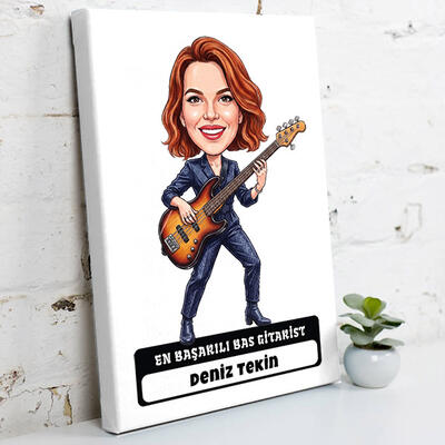  - Bas Gitarist Müzisyen Kadın Karikatürlü Kanvas Tablo