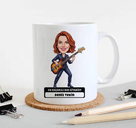 Bas Gitarist Müzisyen Kadın Karikatürlü Kupa Bardak - Thumbnail