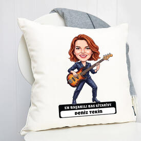  - Bas Gitarist Müzisyen Kadın Karikatürlü Yastık