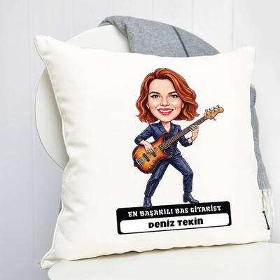  - Bas Gitarist Müzisyen Kadın Karikatürlü Yastık