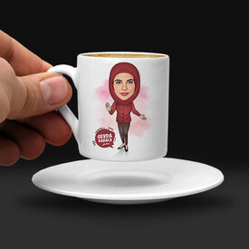 Başörtülü Hanımlara Özel Karikatürlü Kahve Fincanı - Thumbnail