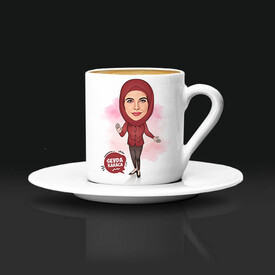 Başörtülü Hanımlara Özel Karikatürlü Kahve Fincanı - Thumbnail