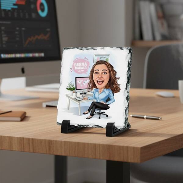 Bilgisayar Başındaki Kadın Karikatürlü Taş Baskı