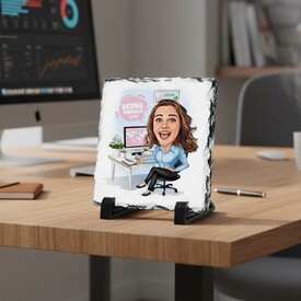  - Bilgisayar Başındaki Kadın Karikatürlü Taş Baskı
