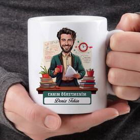  - Biricik Öğretmenim Mesajlı Erkek Karikatürlü Bardak
