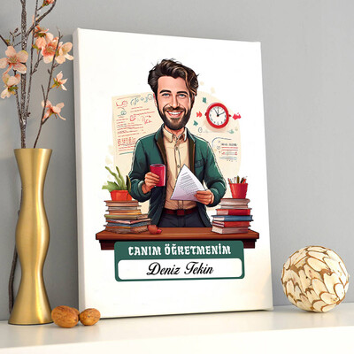  - Biricik Öğretmenim Mesajlı Erkek Karikatürlü Tablo
