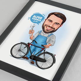 Bisiklet Tamircisi Erkek Karikatürlü Resim Çerçevesi - Thumbnail
