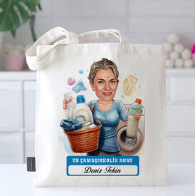 Çamaşırkolik Anne Karikatürlü Bez Çanta - Thumbnail