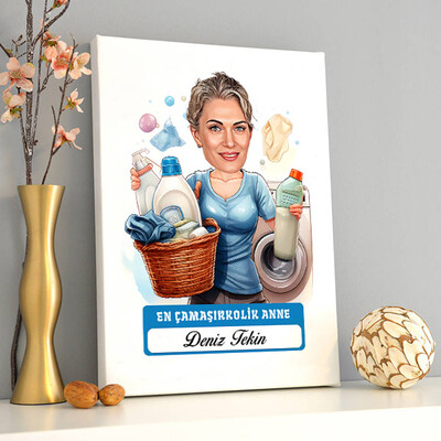  - Çamaşırkolik Anne Karikatürlü Kanvas Tablo