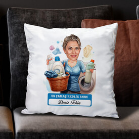 Çamaşırkolik Anne Karikatürlü Yastık - Thumbnail
