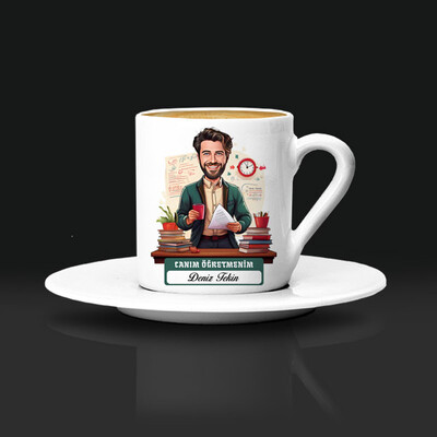  - Canım Öğretmenim Mesajlı Erkek Karikatürlü Kahve Fincanı