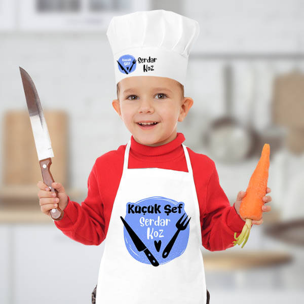 Çatal Bıçak Tasarımlı Şapkalı Çocuk Mutfak Önlüğü
