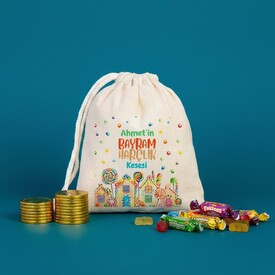  - Çocuklara Hediye Şeker Bayramı Tasarımlı Bez Harçlık Kesesi