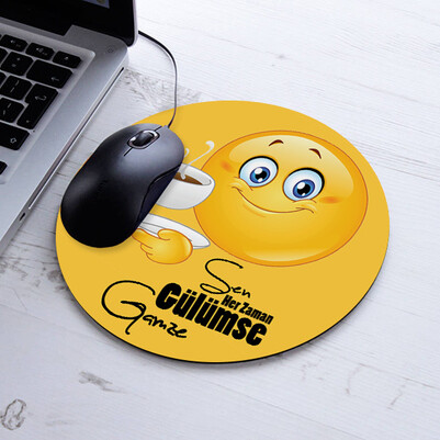 Daima Gülümse Emoji Yuvarlak Mousepad - Thumbnail