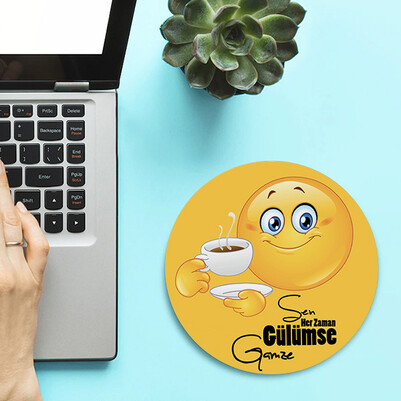 Daima Gülümse Emoji Yuvarlak Mousepad - Thumbnail