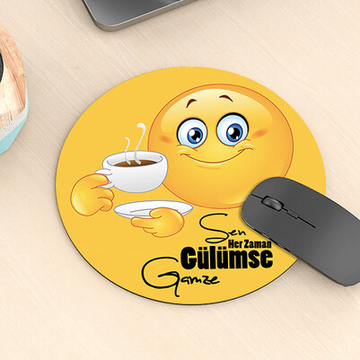 Daima Gülümse Emoji Yuvarlak Mousepad - Thumbnail