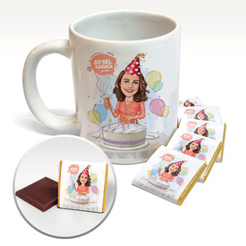Doğum Günü Kutlayan Kadın Karikatürlü Kupa ve Çikolata - Thumbnail