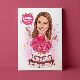  - Doğum Günü Kutlayan Kadın Karikatürlü Tablo