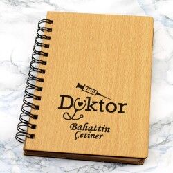 Doktorlara Hediye Ahşap Kapaklı Defter - Thumbnail