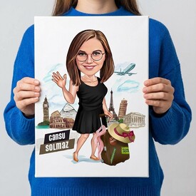  - Dünyayı Gezen Kadın Karikatürlü Kanvas Tablo