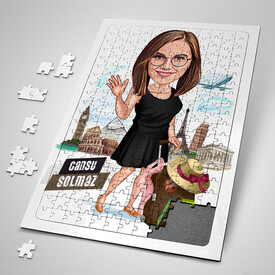  - Dünyayı Gezen Kadın Karikatürlü Puzzle