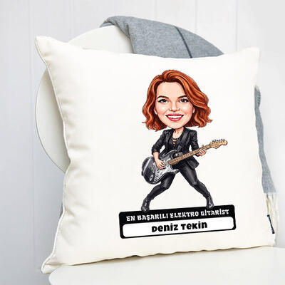  - Elektro Gitarist Müzisyen Kadın Karikatürlü Yastık