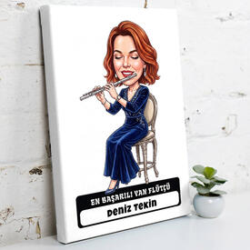  - En Başarılı Flütçü Müzisyen Kadın Karikatürlü Kanvas Tablo