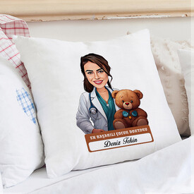 En Başarılı Kadın Çocuk Doktoru Karikatürlü Yastık - Thumbnail