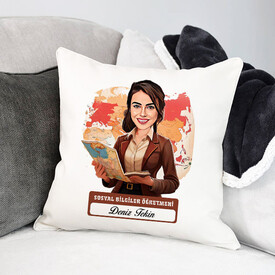  - En Başarılı Kadın Sosyal Bilgiler Öğretmeni Karikatürlü Yastık