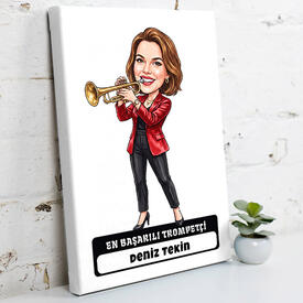  - En Başarılı Trompetçi Müzisyen Kadın Karikatürlü Kanvas Tablo