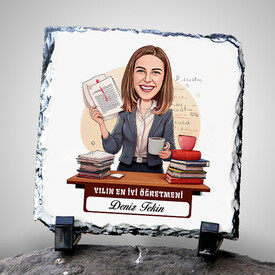  - En İyi Kadın Öğretmen Temalı Karikatürlü Taş
